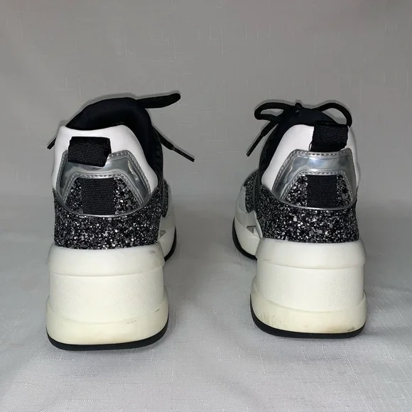 MICHAEL KORS Olympia Glitter Trainer Sneaker Women’s Black Silver 8.5M Lace Up - Picture 10 of 17
